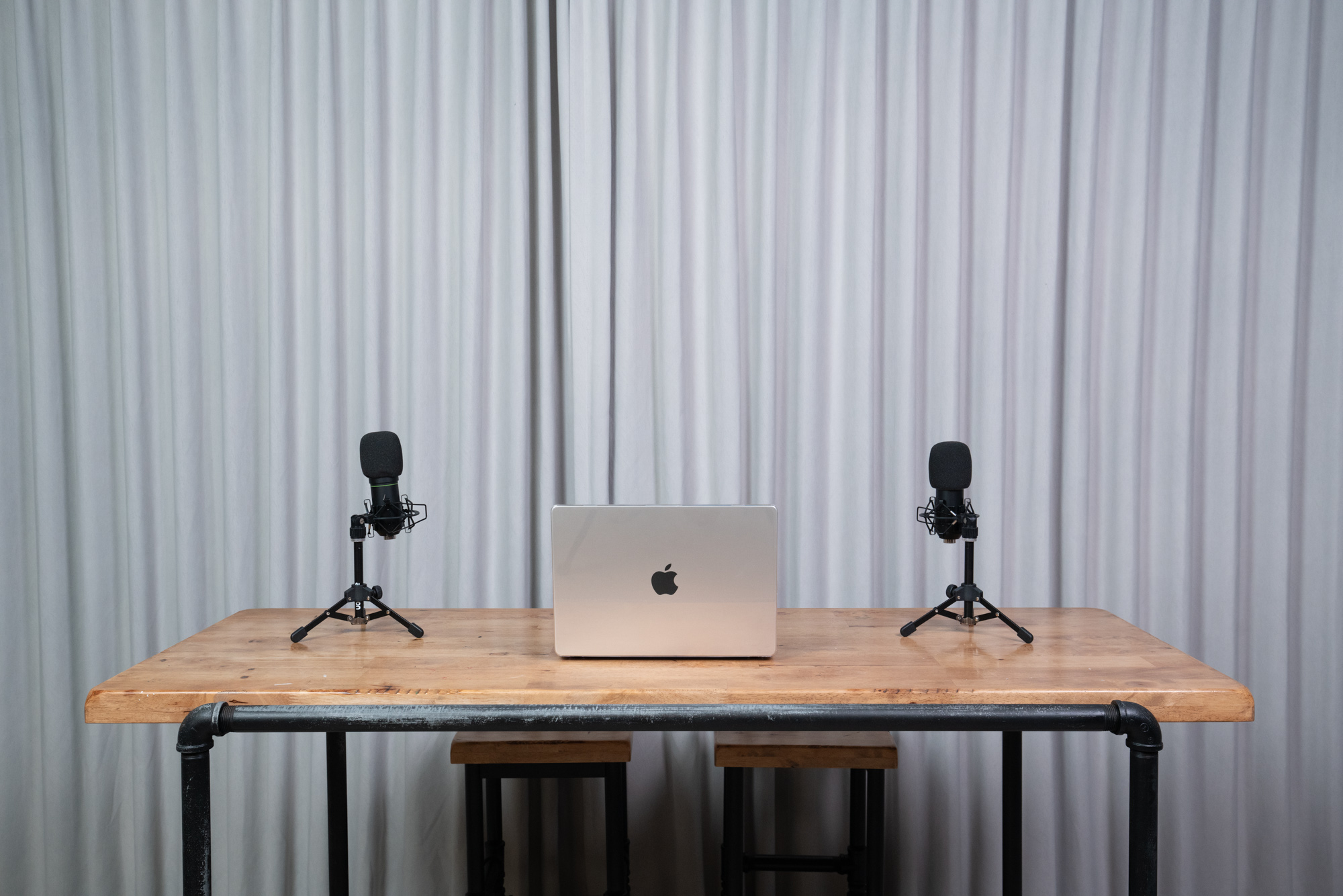 Close up of podcast desk setup